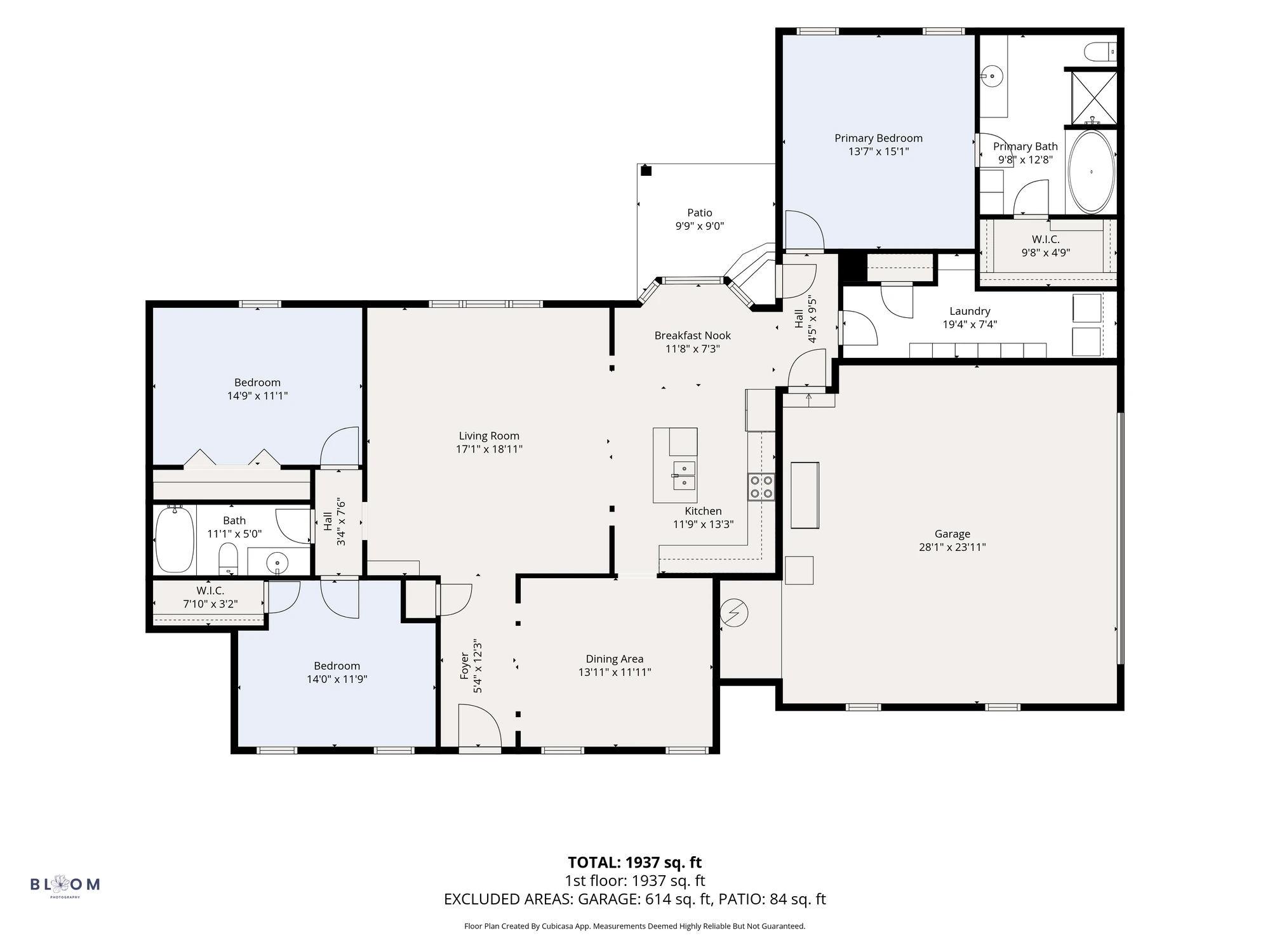 Measured floor plan of a 1,937 square foot one-story home with three bedrooms, two baths and an attached garage