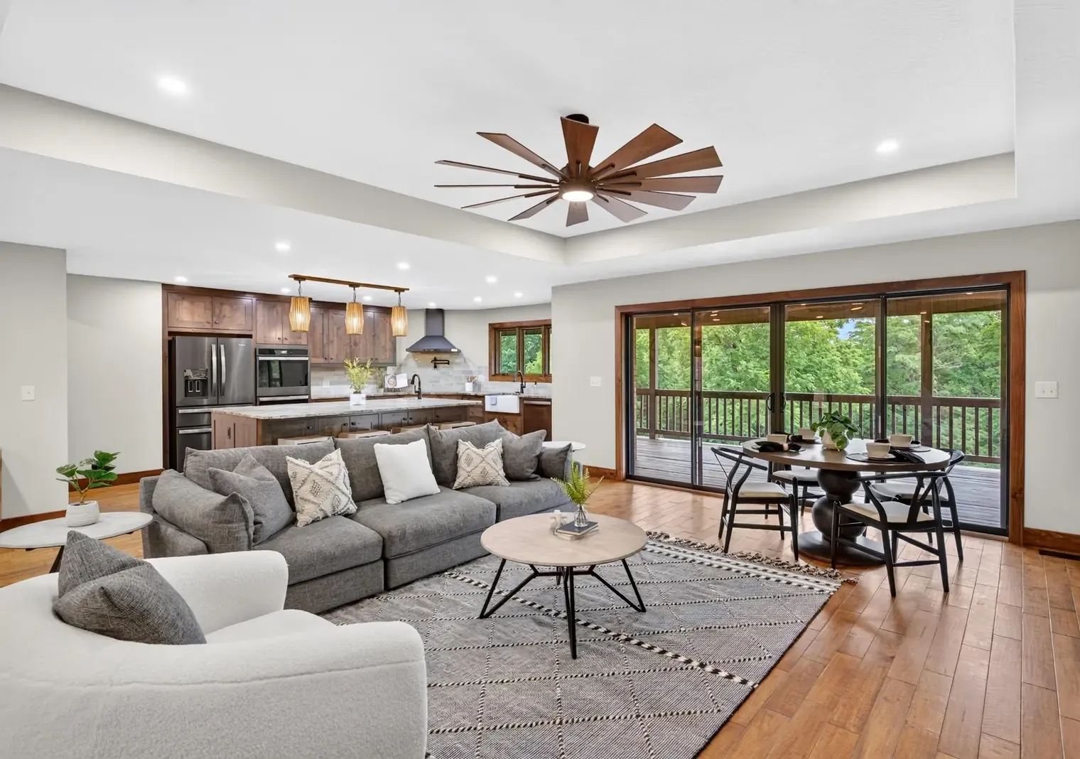 Open great room flowing into the kitchen and dining area