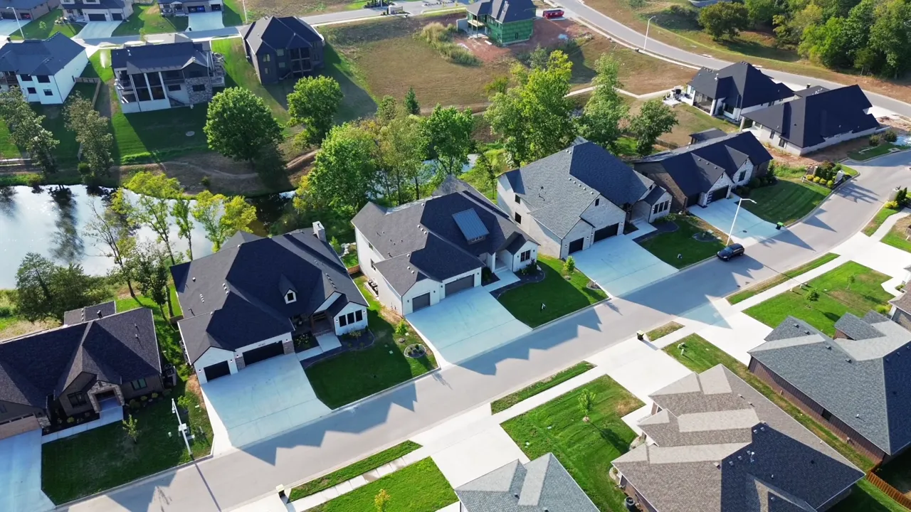 Cinematic film of a home in a lakeside neighborhood